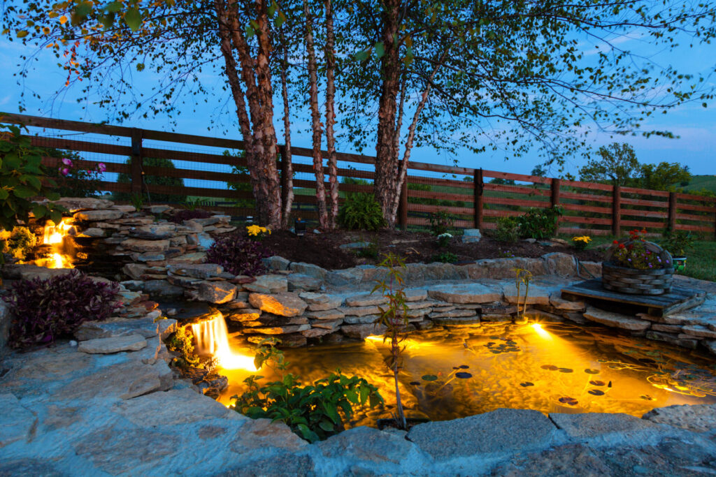 Decorative, well-lit koi pond in a garden at night